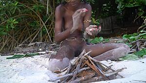 skinny african girl cooks medicine naked in forest for granny with small waist on display