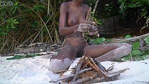 skinny african girl cooks medicine naked in forest for granny with small waist on display