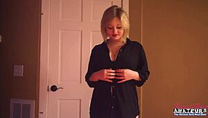 Busty blonde coed Faith Hope teases with handjob and deepthroat skills