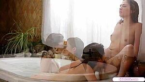 Petite lesbian girlfriends lick shaved pussies in bathtub