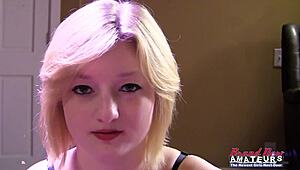 Busty blonde coed Faith Hope teases with handjob and deepthroat skills