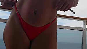 trying on bikinis on cruise balcony in brazil with latina curves