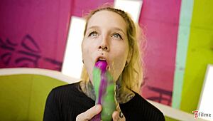 alt tattoo blonde slut stuffs massive dildos deep in her crazy holes