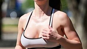Slutty runner girls flash perfect tits while jogging in public... damn!