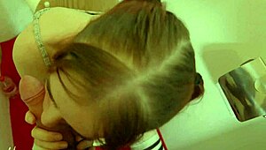 naughty long-haired girl in pigtails gives toilet suck and golden shower