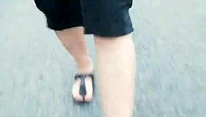 morgens mit nylonfüßen in birkenstocks unterwegs showing off her pantyhose legs
