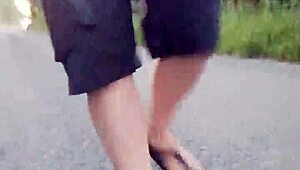 morgens mit nylonfüßen in birkenstocks unterwegs showing off her pantyhose legs