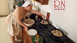 Nudist housewife Regina Noir prepares meals bare in kitchen as naked maid beach vibe