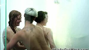 australian amateurs finger hairy pussies in lesbian shower orgy
