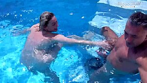 Behind the scenes with cute blonde couple fucking on holiday poolside part one