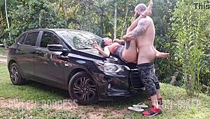 She smokes before he fucks her then blows him mid-piss