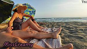 french teacher slurps huge bull cock on nudist beach with risky public voyeurs