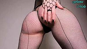 damn this pawg in fishnets spanks her juicy ass then rides dildo hard til dripping wet