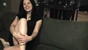 Shy cute european teen ella martin, nervous first casting interview, fingers gaping tight pussy on sofa!
