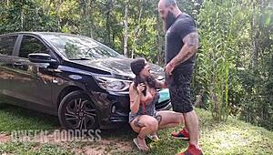 She smokes before he fucks her then blows him mid-piss