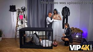 In the fetish funhouse, the bride with perfect shaved body gets dominated by old man while groom watches her take monster cock.