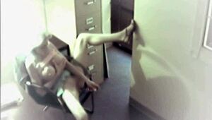The busty blonde office slut sneaks toys into her pussy for a solo masturbation thrill on hidden cam
