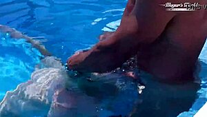 Behind the scenes with cute blonde couple fucking on holiday poolside part one