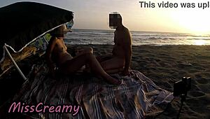 french teacher slurps huge bull cock on nudist beach with risky public voyeurs