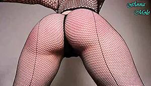 damn this pawg in fishnets spanks her juicy ass then rides dildo hard til dripping wet