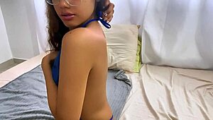 Horny Petite Stepsister Masturbates Juicy Pussy on Bed in Dorm Panties for Roommate