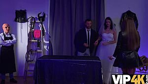 In the fetish funhouse, the bride with perfect shaved body gets dominated by old man while groom watches her take monster cock.