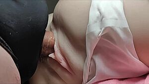 feel my cock slide deep into her shaved big pussy from behind double penetration style