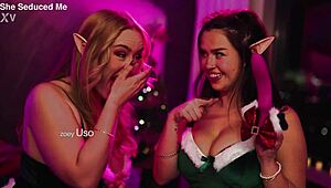 blonde and brunette elves lick wet pussies kissing big tits christmas