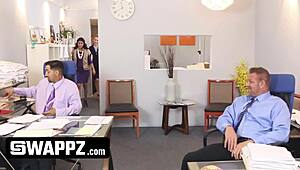 Office stepdads SWAP horny teen stepdaughters! 😈🔥