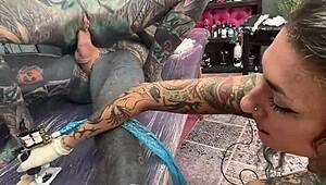 tattooed pierced tits session explodes into goth girl's wild anal cowgirl ride