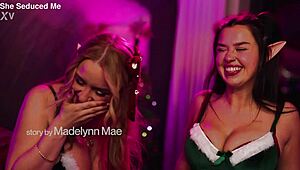 blonde and brunette elves lick wet pussies kissing big tits christmas