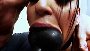 Submissive brunette offers tight pussy to two men then swallows cum