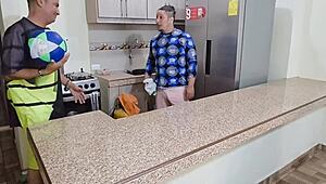 perverted milf stepmom rams stepson cock while hubby's cooking nearby