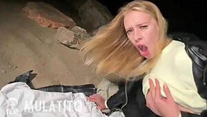 Blonde Nikki Riddle bent over for raw beach doggystyle bareback pounding