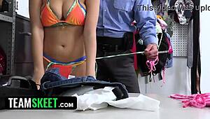 Bikini-Clad Thief Submits to Angry Guard's Rough Asshole Pounding in Shop