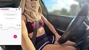 A fan remotely buzzes my wet pussy vibrator while friend films outdoor drive cameltoe tease