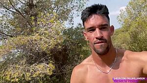 muscular guy strokes monster cock naked in forest public flash