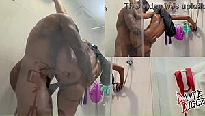 Bubble booty ebony Mystikal Menace rides BBC in shower, gets railed deep and sloppy