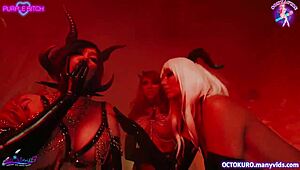 horny demonesses orgy! octokuro rides cocks in latex cosplay