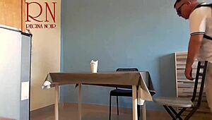 naked curvy waitress serves food from navel to horny restaurant guest!