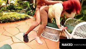 big ass redhead wife fucks muscular trainer outside while hubby naps