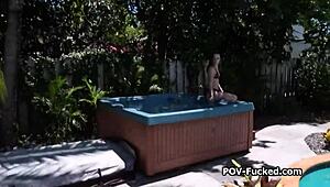 neighbors perfect shaved pussy bounces wildly on cock by the pool outdoor