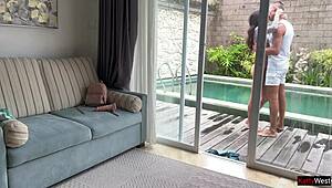 babysitter caught with vibrator now bent over pool for rough pounding and facial