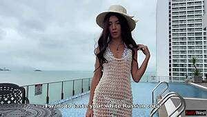 spanish blanca bends over for white russian cock doggystyle creampie in her tight pussy pov