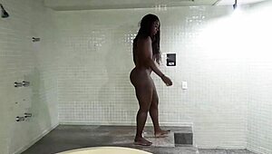 Shiny Black Brazilian Fitness Babe Climbs Stairs Naked Teasing Hard!