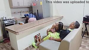perverted milf stepmom rams stepson cock while hubby's cooking nearby