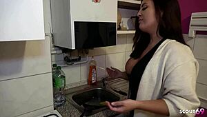 Curvy Swiss girl chats dirty while fucking on kitchen table squirting then creampied deep