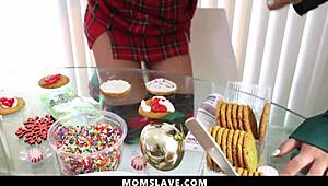 Stepson unlocks stepmom and stepsis pussies for holiday licking and doggystyle fun