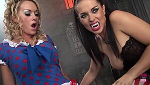 i watched this sexy brunette vampire and blonde lesbian play with toys in heels