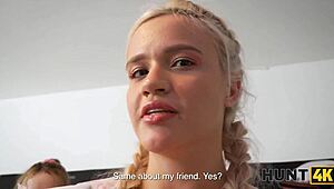 Hunt4k. Slutty bisexual blonde teen couple takes landlord's cock in all shaved holes while watching
